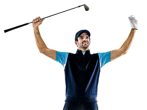 one caucasian man golfer golfing in studio isolated on white background