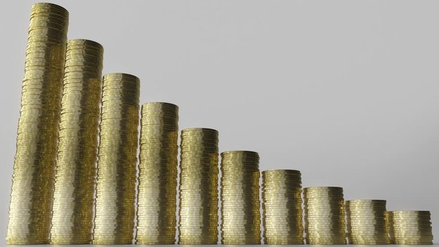 Shrinking bar chart made of coin stacks. Business decline or decreasing savings 3D conceptual animation