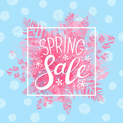 Spring sale message on pink leaves background