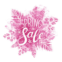 Naklejka na ściany i meble Spring sale message on pink leaves background