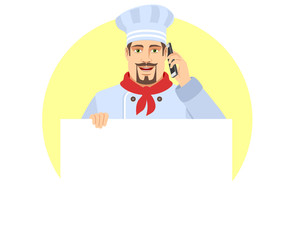 Chef holding white blank poster and talking on the mobile phone