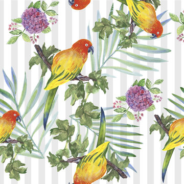 Backgroundless. Watercolor flowers, patterns, birds. Basis for design. Tropics, exotics