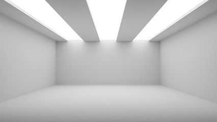 Empty room with white walls, floor and ceiling and with opening in ceiling for lighting, 3d illustration
