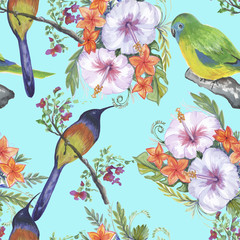 Backgroundless. Watercolor flowers, patterns, birds. Basis for design. Tropics, exotics
