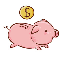 cute pink piggy bank with golden coin