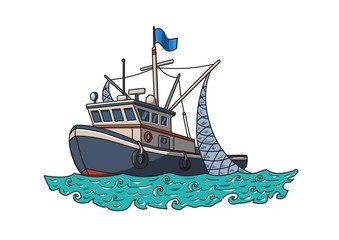 Fishing boat in the sea. Vector illustration, isolated on white background.