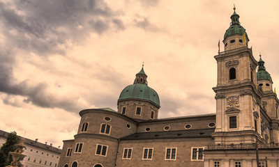 Fototapeta na wymiar Salzburg Cathedral or Salzburger Dom is dedicated to St Rupert and St Vergilius.