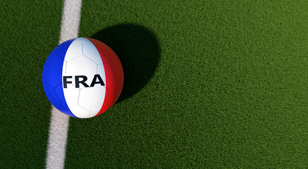 Soccer ball in french national colors on a soccer field. Copy space on the right side - 3D Rendering 