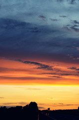 Colorful sunset over road. Minimalist style design. Nature background, landscape with copy space
