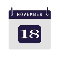 Calendar flat icon 18th of November. Vector illustration.