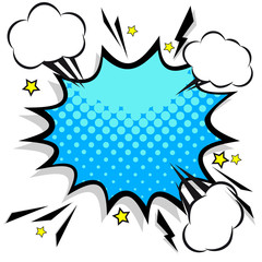 Retro comic design speech bubbles. Flash explosion with clouds, lightning, stars. Pop art vector elements.