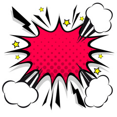 Retro comic design speech bubbles. Flash explosion with clouds, lightning, stars. Pop art vector elements.