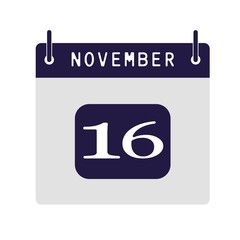 Calendar flat icon 16th of November. Vector illustration.
