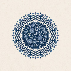 vector vintage background with round blue arabesque with floral ornament. design for print, covers, interior - 199971785