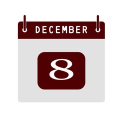 Calendar flat icon 8th of December. Vector illustration.