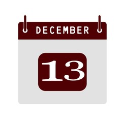 Calendar flat icon 13th of December. Vector illustration.