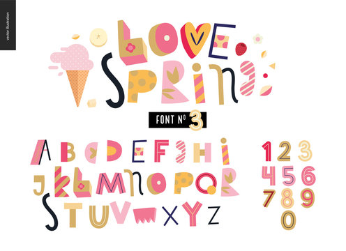 Kids Flat Alphabet Set - Love Spring Latin Font - Letters And Digits