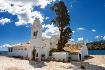 The Panagia Vlacherna church with a nice cloudscape in Corfu, Greece