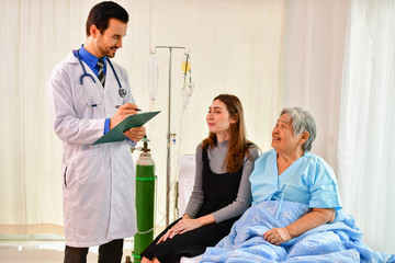 Concept of healing care, The doctor is healing  old woman.