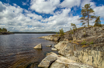 Nature of Russia. Karelia. Rocky coast of the island. Pine trees grow on a stony shore. Nature of Karelia. The shore of Lake Ladoga. The reserved places of Russia. The nature reserve.