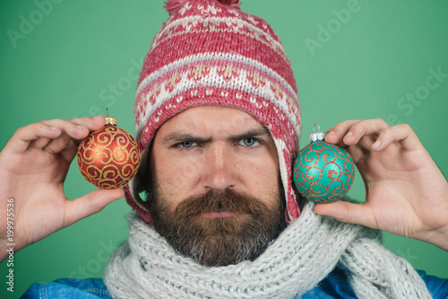 Hipster Happy Smile In Winter Hat And Scarf With Christmas Balls
