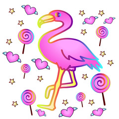 Children's cartoon background - Pink flamingos, hearts with wings, lollipop and stars on isolated background
