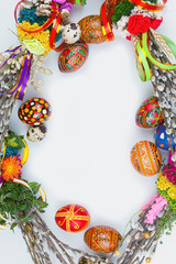 willow Sunday background of willow branches, willow bouquets. Easter top view. place for text