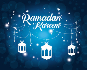 ramadan kareem card with lanterns hanging vector illustration design