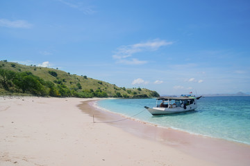 Fototapeta na wymiar Tourist boat anchored on the pink beach