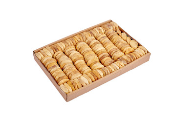 Dried RAW organic turkish figs packed in a box. Healthy and tasty. Isolated on white background