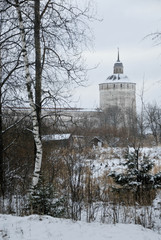 Winter landscape.  Edge of forest against the backdrop of the tower of an ancient monastery. Russia.