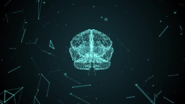 Human brain appears evolving and growing. Neural cells formed by particles. Blue abstract futuristic science and technology motion background. 3D rendering of artificial intelligence concept in 4k UHD