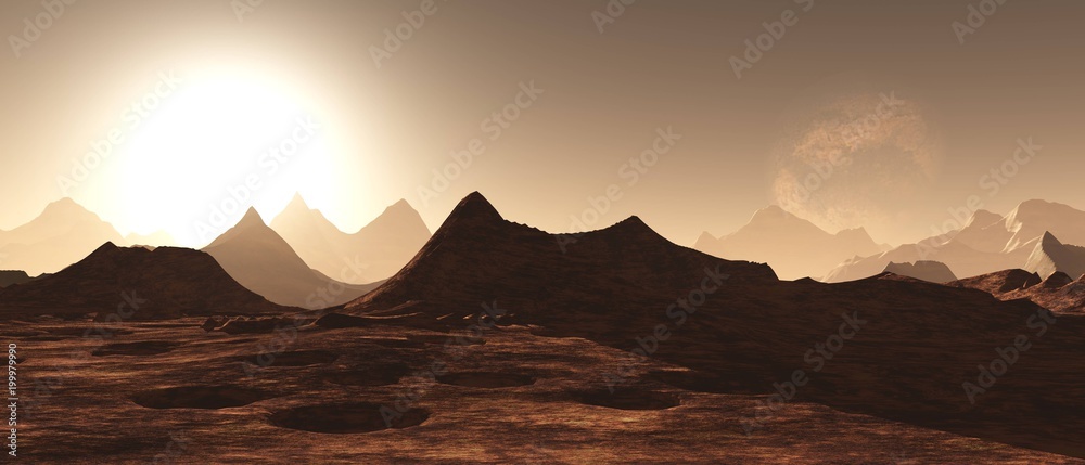 Wall mural panorama of an alien landscape,
3D rendering
