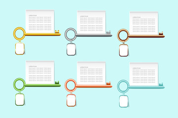 The infograph of six colorful keys with a hanging tag and blank white rectangle labels above them ready for your text.