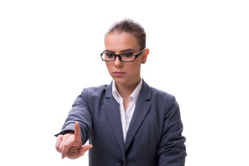 Young businesswoman pressing virtual button on white