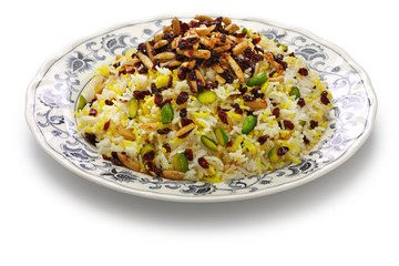 zereshk polo, barberry rice, iranian persian cuisine