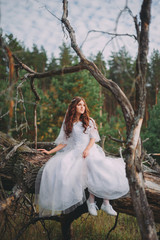 beautiful bride in white dress sitting on a tree