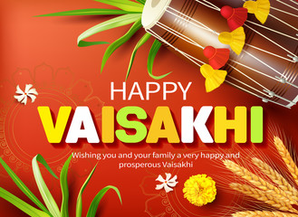 Greeting card with traditional drum (dhol) for Punjabi festival Vaisakhi (Baisakhi). Vector illustration.
