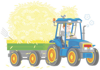 Smiling farmer driving his wheeled tractor with a trailer of hay, a vector illustration in a cartoon style