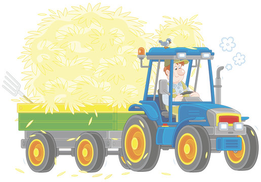 Smiling farmer driving his wheeled tractor with a trailer of hay, a vector illustration in a cartoon style