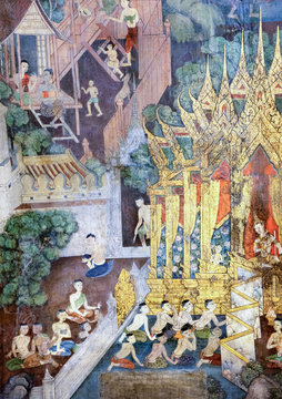 Ancient Buddhist temple mural painting of the life of Buddha inside of Wat Pho in Bangkok, Thailand