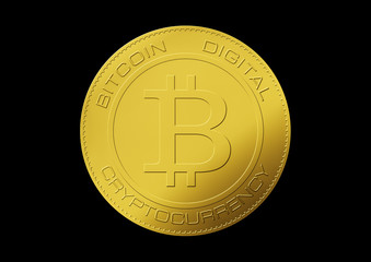 Bitcoin gold coin. Virtual cryptocurrency concept on black background.