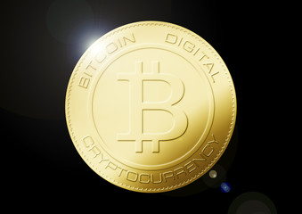 Bitcoin gold coin. Virtual cryptocurrency concept on black background.