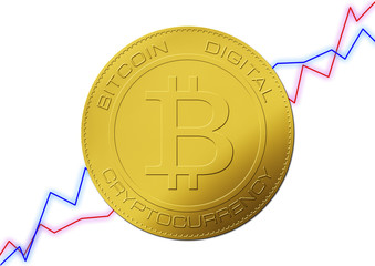 Bitcoin gold coin. Virtual cryptocurrency concept with business graphic on white background.