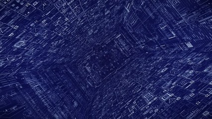 Techno Cyberspace HUD intro.Fly through  HUD screens and futuristic technological digital elements.Zoom in and rotating in tech corridor.Digital tunnel.Type 2