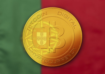 Bitcoin gold coin. Virtual cryptocurrency concept with Portugal flag.