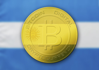 Bitcoin gold coin. Virtual cryptocurrency concept with Argentina flag.