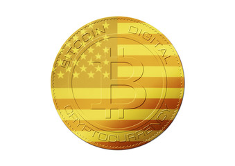 Bitcoin gold coin. Virtual cryptocurrency concept with USA flag on white background.