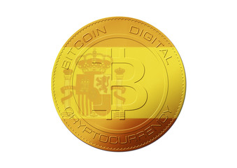 Bitcoin gold coin. Virtual cryptocurrency concept with Spain flag on white background.