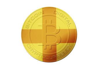Bitcoin gold coin. Virtual cryptocurrency concept with England flag on white background.
